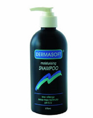 Dermasoft Moisturising Shampoo 375ml bottle, low allergy moisturising shampoo, soap free formula
