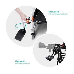Karma Agile self-propelling wheelchair showing standard 80° removable footrests and optional elevating footrests