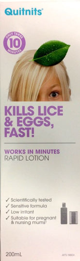 Quitnits rapid lice lotion 200ml packaging with text 'Kills Lice & Eggs, Fast!' and leaves, 10-minute treatment.