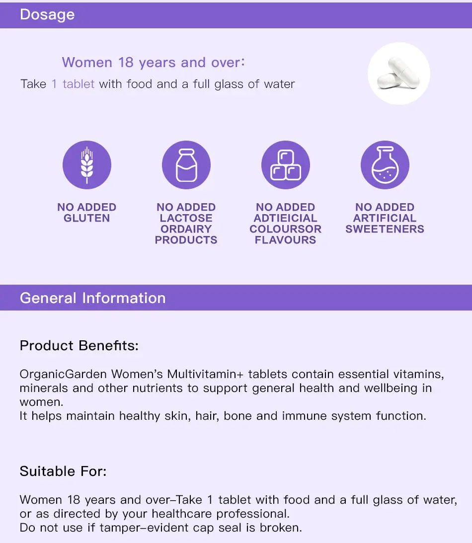 Organic Garden Women's Multivitamin+ – Essential Vitamins & Minerals for Women 60 Tablets