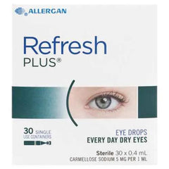 Refresh Plus Eye Drops box packaging for Dry Eyes relief, contains 30 single-use vials of 0.4ml.