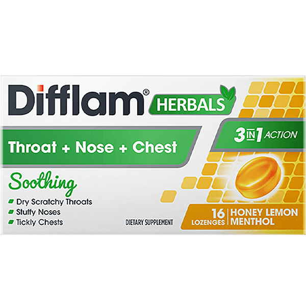 Difflam Herbals 3-in-1 Action Throat Nose Chest Lozenges Honey Lemon Menthol