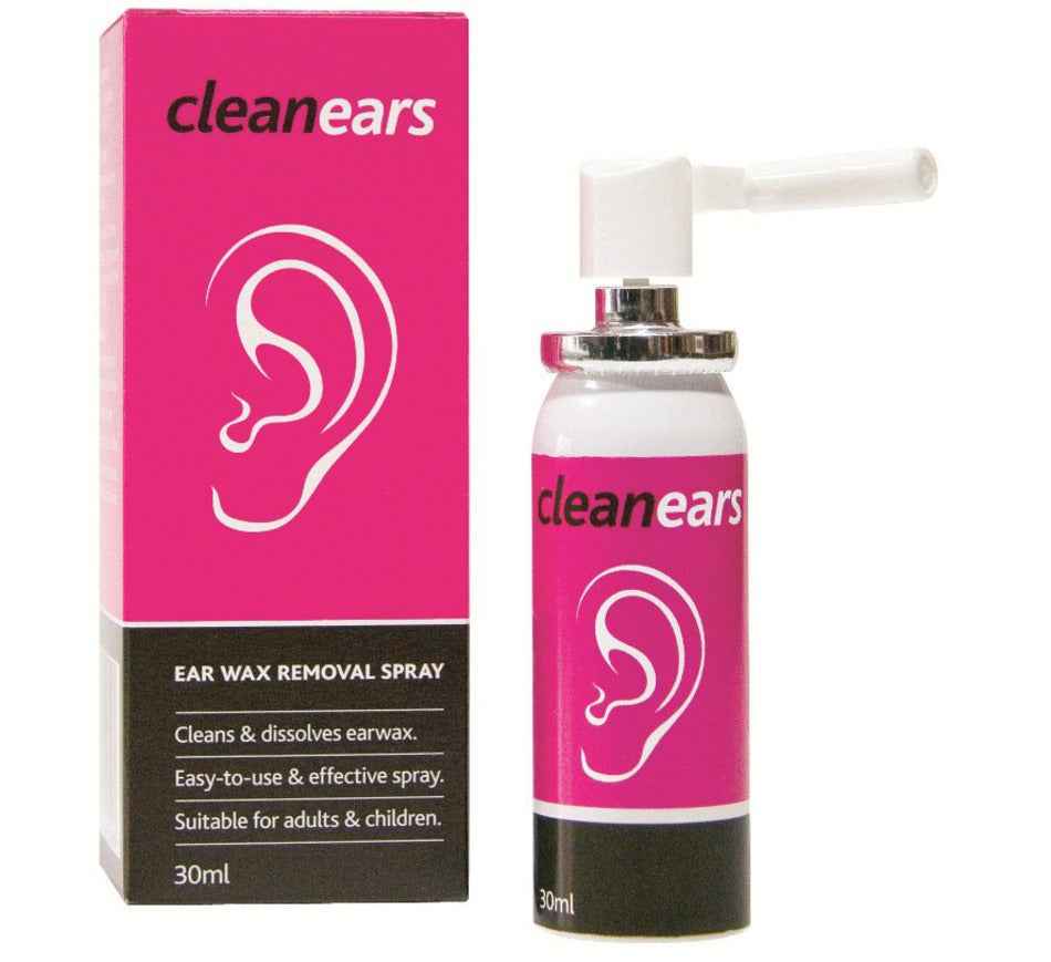 Cleanears Ear Wax Removal Spray 30ml packaging and bottle, effective ear wax removal spray for adults and children.