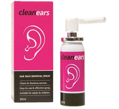 Cleanears Ear Wax Removal Spray 30ml packaging and bottle, effective ear wax removal spray for adults and children.