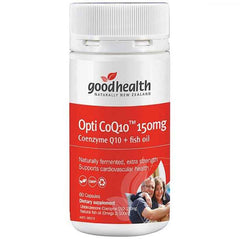 Good health opti coq10 fish oil 150mg supplement bottle with capsules, supports cardiovascular health.