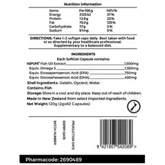 Nutrition facts and ingredients list for pure omega 3 fish oil extract 1350mg softgel capsules.