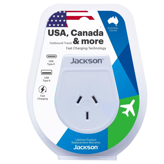 JACKSON Slim Outbound Travel Adaptor 1x USB-A And 1x USB-C Model: PTA8809USBMC