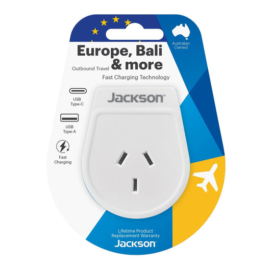 JACKSON Slim Outbound Travel Adaptor 1x USB-A And 1x USB-C Model: PTA8810USBMC