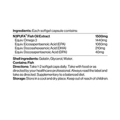 Ingredients list for ultra pure fish oil capsules 1440mg including EPA, DHA, and DPA details.