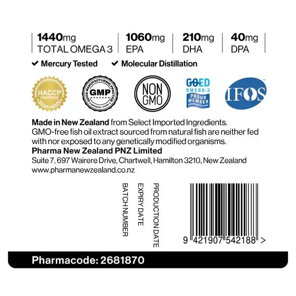 Label of ultra pure fish oil capsules 1440mg listing Omega 3 content and quality certifications from New Zealand.