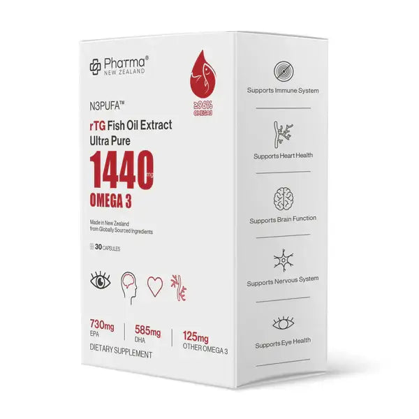 rTG Fish Oil Extract 1440mg Omega 3 box with nutritional information and health benefits listed