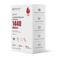 rTG Fish Oil Extract 1440mg Omega 3 box with nutritional information and health benefits listed