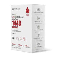 rTG Fish Oil Extract 1440mg Omega 3 box with nutritional information and health benefits listed