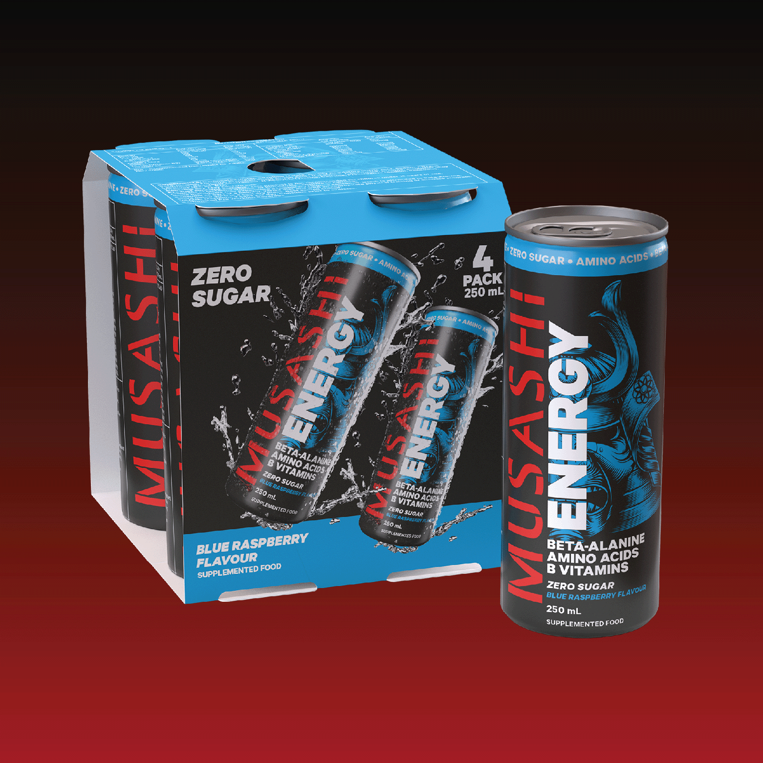 Musashi Energy Drink Blue Raspberry Multipack 24 x 250ml (6 x 4-Pack) – Sports Energy Drink Can