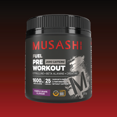 Musashi Pre Workout Zero Caffeine Purple Grape 225g – Caffeine-Free Pre-Workout Powder