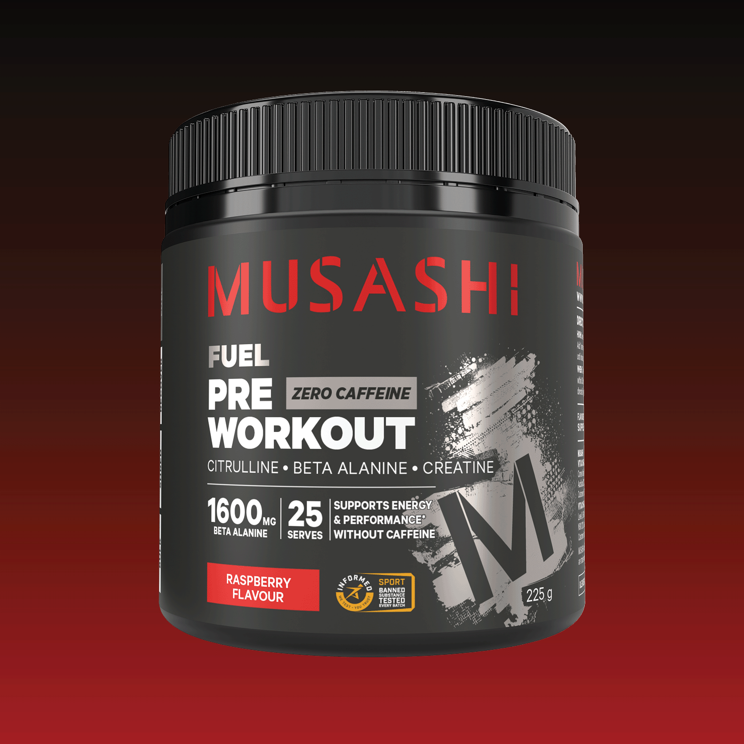 Musashi Pre Workout Zero Caffeine Red Raspberry 225g – Caffeine-Free Pre-Workout Powder