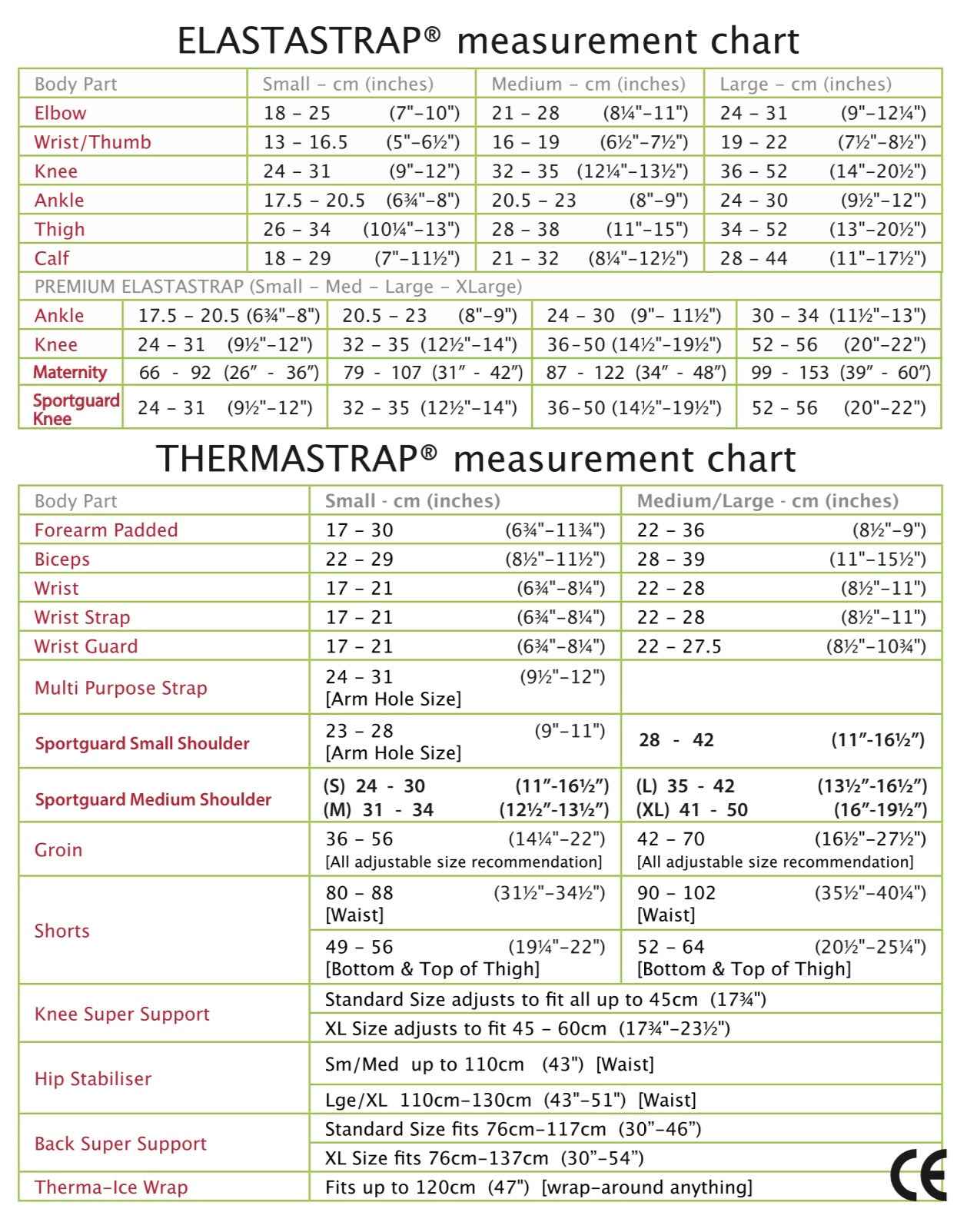 Elastastrap Ankle Support compression measurement chart for accurate sizing and fit.
