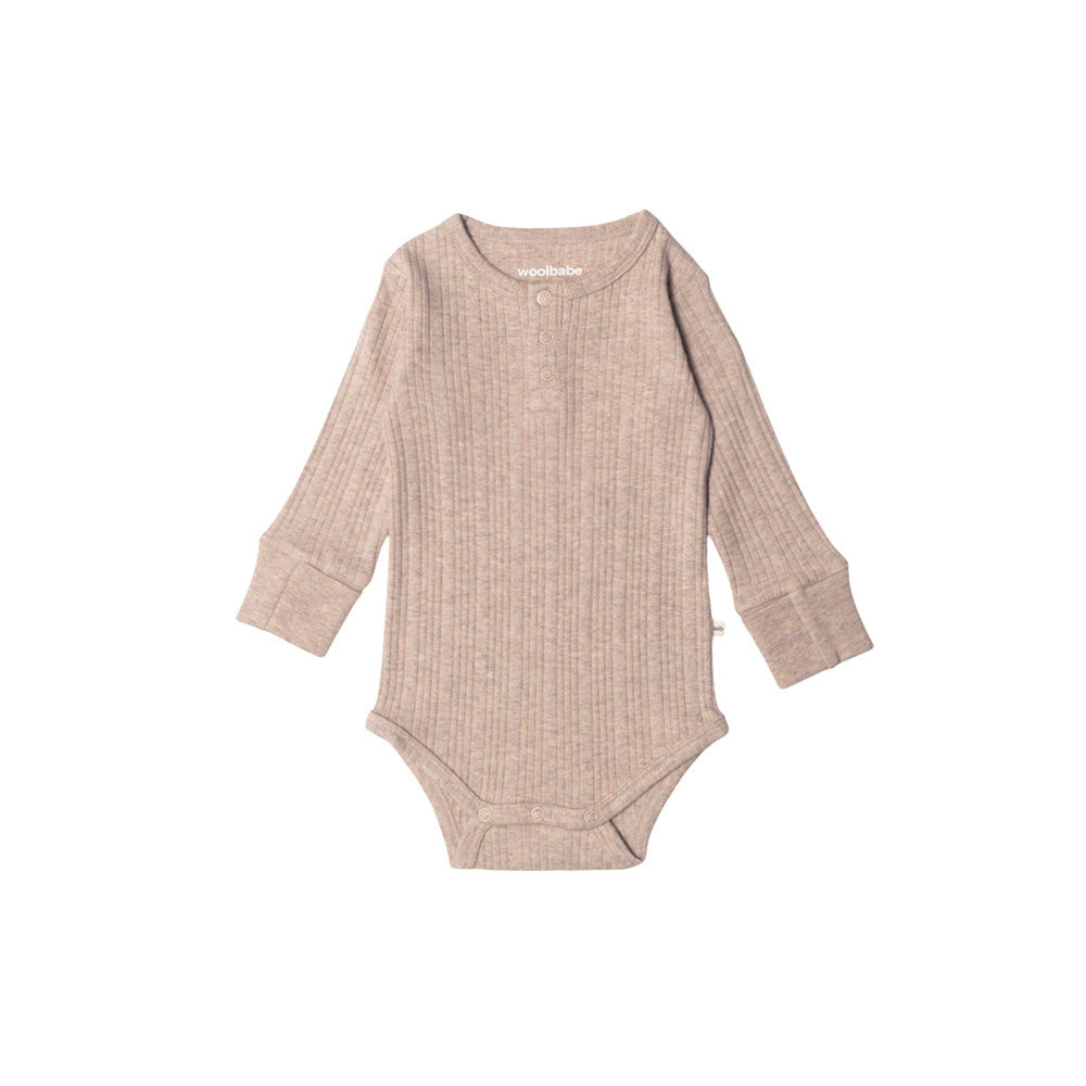 Woolbabe Daydream Long Sleeve Henley Bodysuit Dune Marl