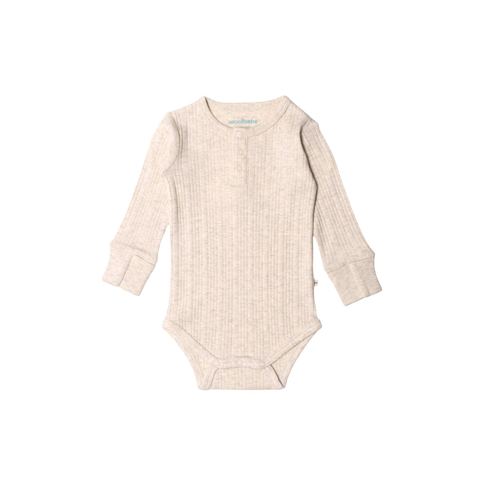 Woolbabe Daydream Long Sleeve Henley Bodysuit Natural Marl