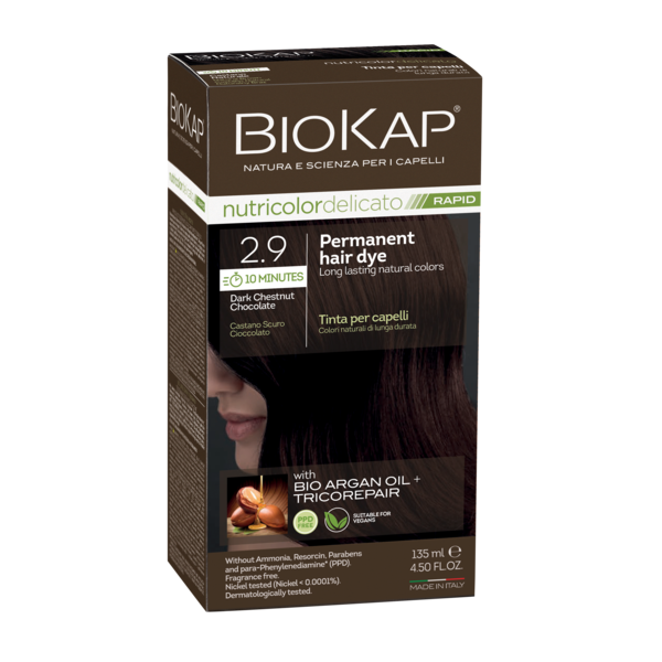 Biokap Nutricolor Delicato Rapid 2.9 Dark Chestnut Chocolate Permanent Hair Dye biokap,hair dye,issues,naural hair color