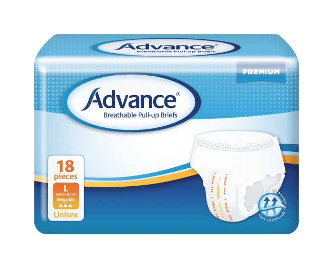 Advance® Breathable Pull-up Briefs 3D funnel acquisition layer,anatomically shaped briefs,Breathable cloth-like materials,comfort and discretion,Double anti-leak cuffs,fast and even absorption,Fully elasticated,issues,leakage protection