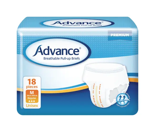 Advance® Breathable Pull-up Briefs 3D funnel acquisition layer,anatomically shaped briefs,Breathable cloth-like materials,comfort and discretion,Double anti-leak cuffs,fast and even absorption,Fully elasticated,issues,leakage protection