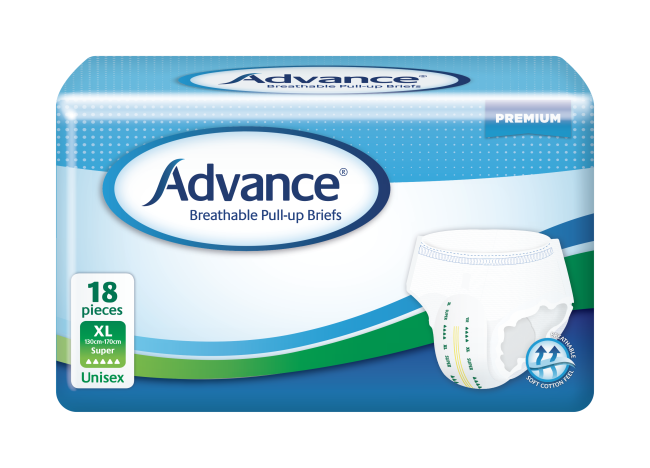 Advance® Breathable Pull-up Briefs 3D funnel acquisition layer,anatomically shaped briefs,Breathable cloth-like materials,comfort and discretion,Double anti-leak cuffs,fast and even absorption,Fully elasticated,issues,leakage protection