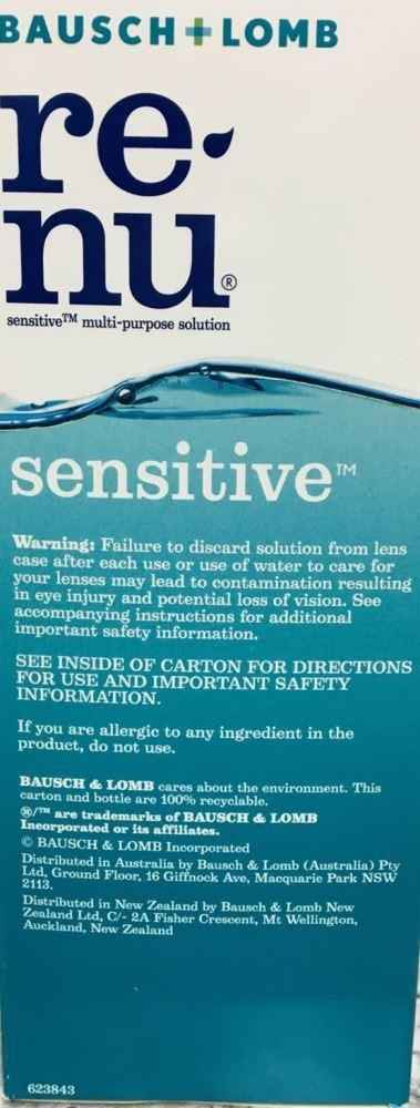 Bausch+Lomb Renu Sensitive contact lens solution bottle with safety instructions and warnings.