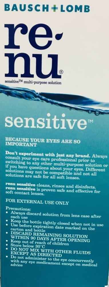 Bausch+Lomb Renu Sensitive contact lens solution packaging with instructions for sensitive eyes, 710 ml duo pack.