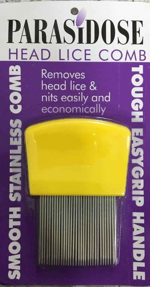 Lice removal comb for kids and adults Parasidose with yellow handle and stainless steel teeth for effective lice removal.