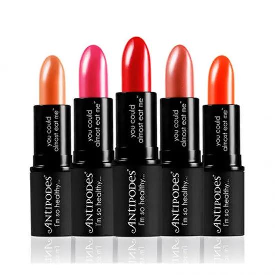 Antipodes Organic Lipstick collection featuring vibrant shades including south sea red coral.