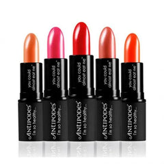 Antipodes Organic Lipstick collection featuring vibrant shades including south sea red coral.