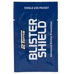 Blue 2TOMS BlisterShield single-use packet with bold vertical BlisterShield branding.