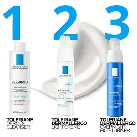 La Roche-Posay's Toleriane Dermallergo Overnight Moisturiser Acne-Prone,all skin tones,Anthelios Ultra Cream Xl Spf 50+ 50ml,Anthelios Ultra-light Invisible Fluid Tinted Spf50+ 50ml,Anthelios Uv Clear Sunscreen Spf 50,Caring Wash Hydrating Cleanser,Dermo-