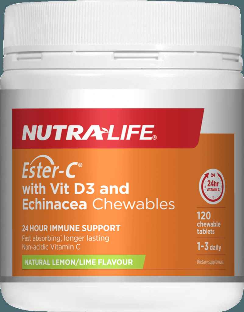 NUTRALIFE Ester C immune support chewable tablets with Vitamin D and Echinacea, lemon/lime flavor, 120 count