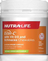 NUTRALIFE Ester C immune support 120 chewable tablets with Vitamin D and Echinacea, natural lemon/lime flavor.