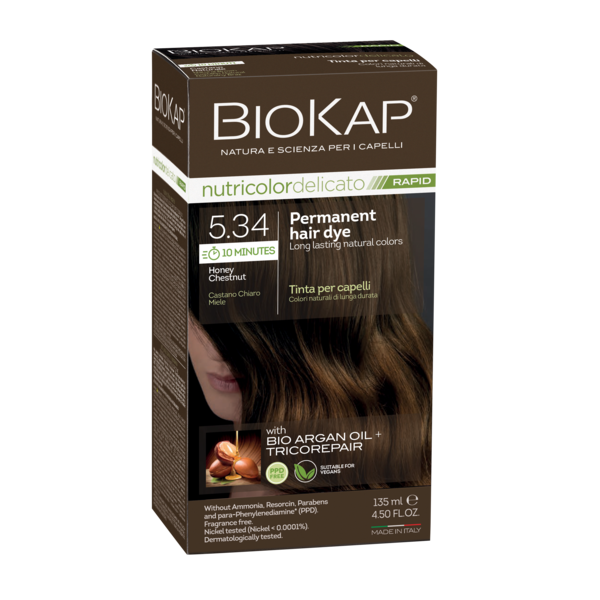 Biokap Nutricolor Delicato Rapid 5.34 Honey Chestnut Permanent Hair Dye biokap,hair dye,issues,naural hair color