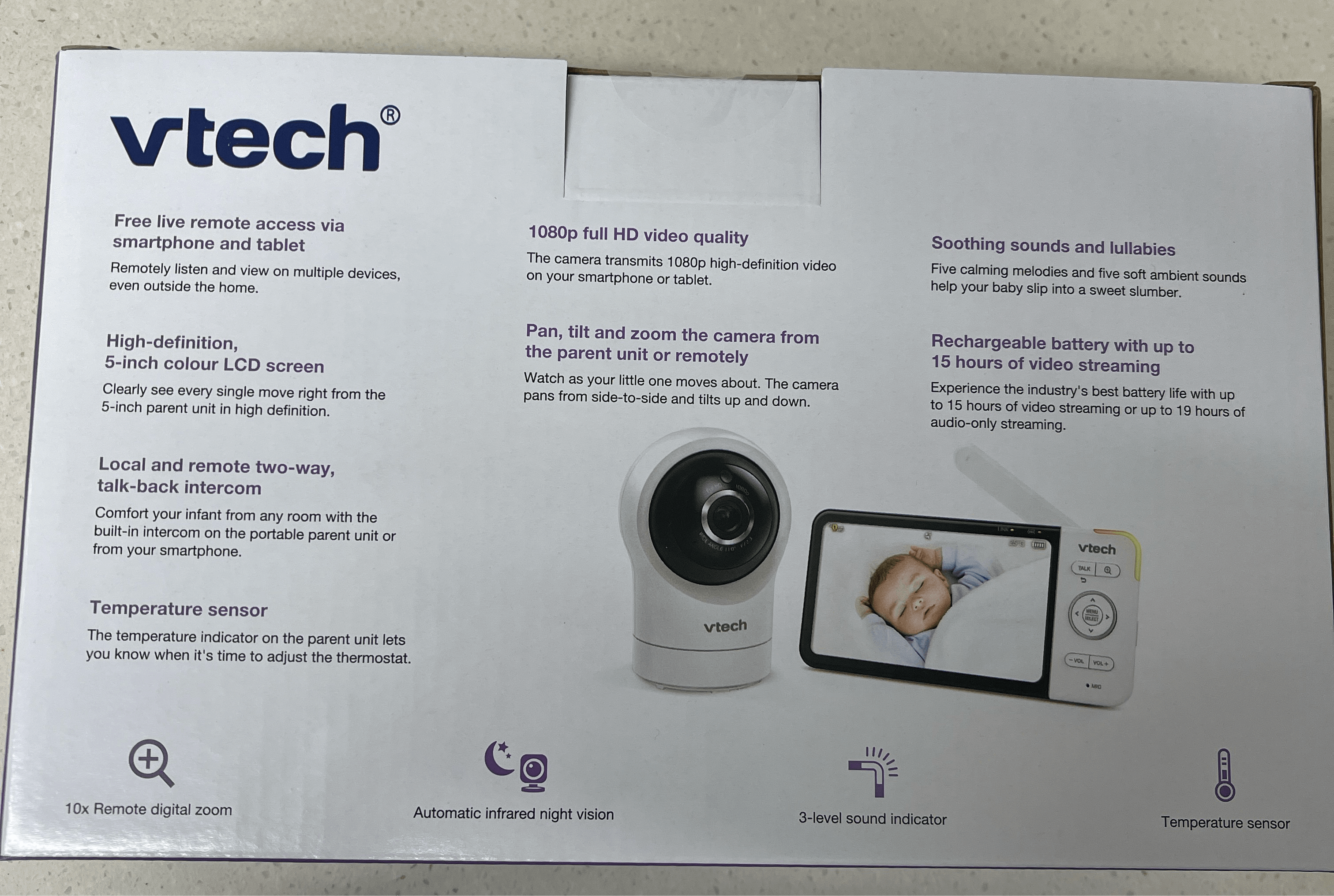 VTECH HD pan and tilt video monitor with 5-inch screen, features smart remote access and 1080p video quality.
