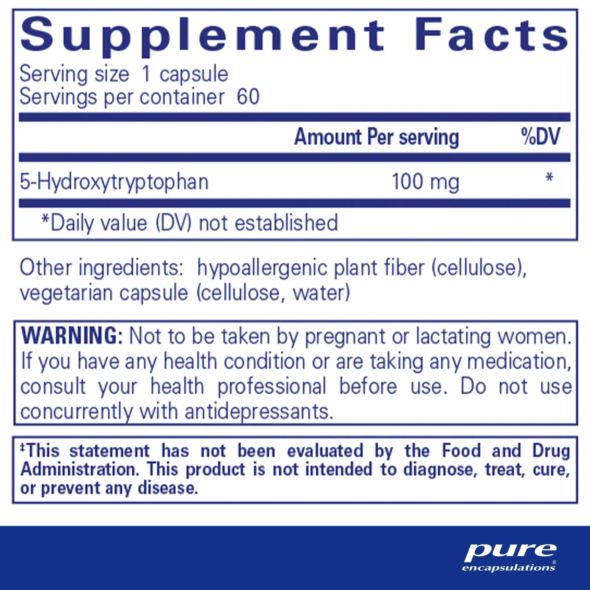 Pure Encapsulation 5 HTP 100 mg 60 Caps 5htp,enhanced serotonin levels,healthy appetite,healthy eating behavior,healthy sleep,issues,mood,mood care,Supports emotional well-being