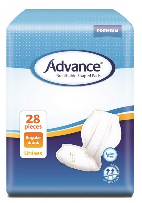 Advance® Breathable Shaped Pads Breathable cloth,Double anti-leak cuffs,extra security and leakage protection,issues,moisture locking system,outer and inner material,reminder for replacement,side panels,soft and super discreet,wetness indicator