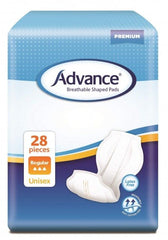 Advance® Breathable Shaped Pads Breathable cloth,Double anti-leak cuffs,extra security and leakage protection,issues,moisture locking system,outer and inner material,reminder for replacement,side panels,soft and super discreet,wetness indicator
