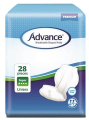 Advance® Breathable Shaped Pads Breathable cloth,Double anti-leak cuffs,extra security and leakage protection,issues,moisture locking system,outer and inner material,reminder for replacement,side panels,soft and super discreet,wetness indicator