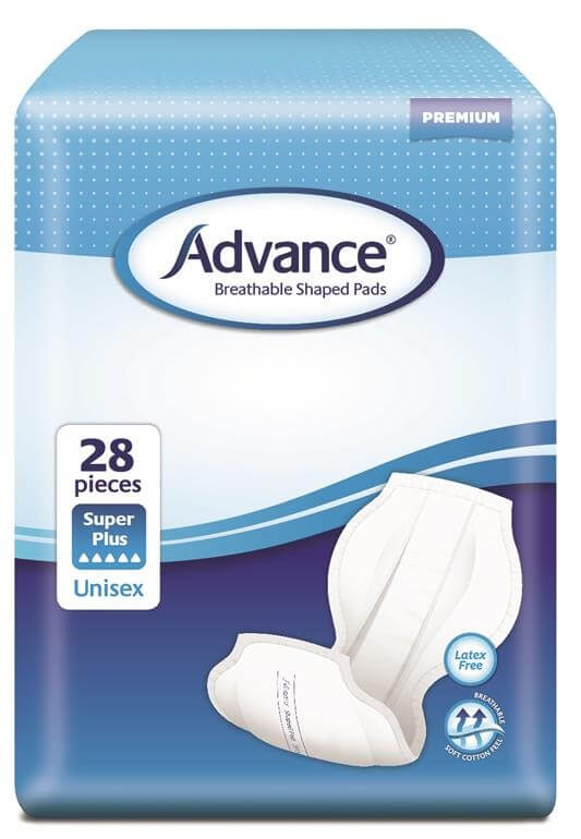 Advance® Breathable Shaped Pads Breathable cloth,Double anti-leak cuffs,extra security and leakage protection,issues,moisture locking system,outer and inner material,reminder for replacement,side panels,soft and super discreet,wetness indicator