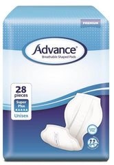 Advance® Breathable Shaped Pads Breathable cloth,Double anti-leak cuffs,extra security and leakage protection,issues,moisture locking system,outer and inner material,reminder for replacement,side panels,soft and super discreet,wetness indicator