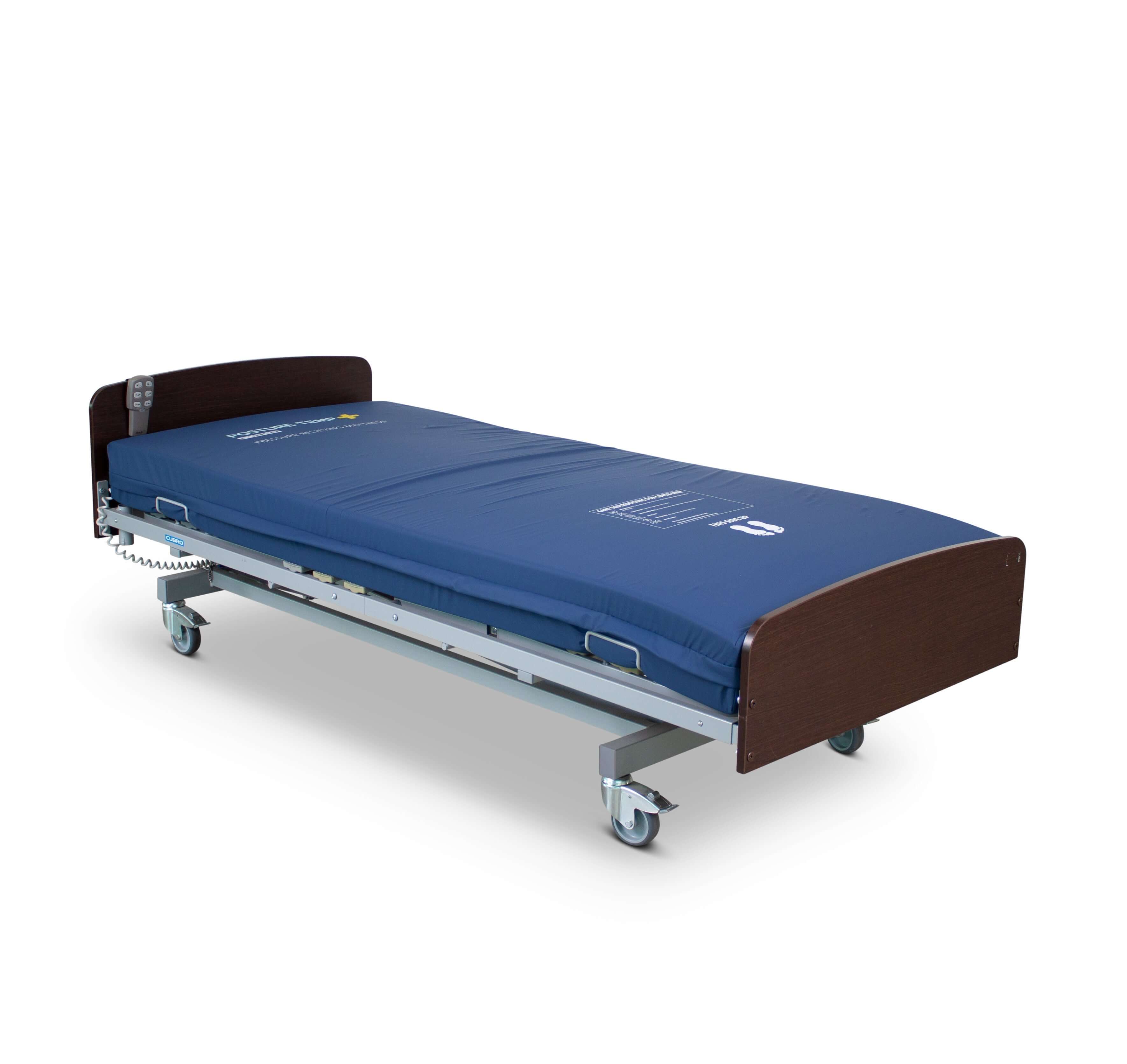 Bock® v2 adjustable height 4-section single electric bed with blue mattress, designed for comfort and ease of use.