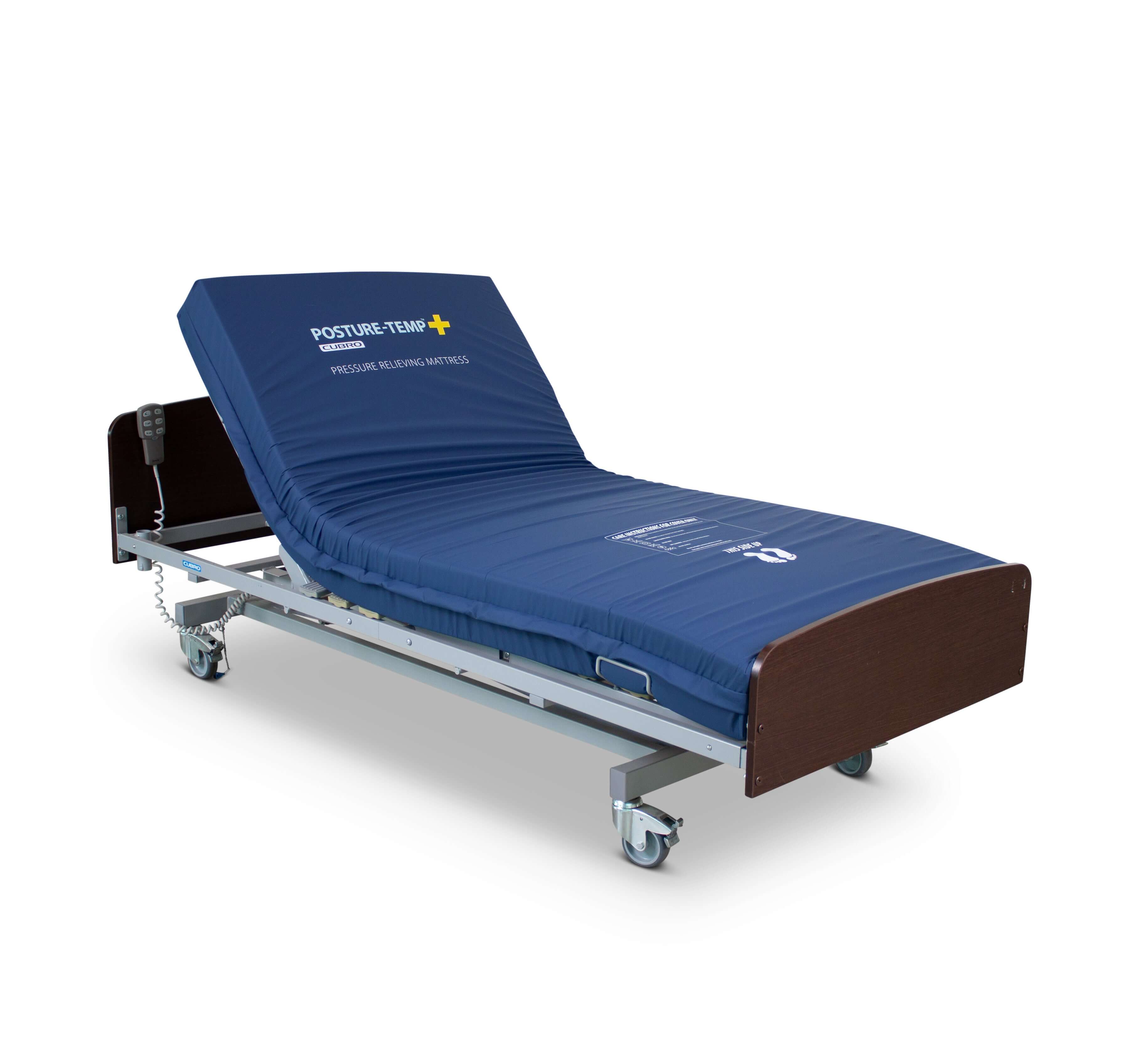 Adjustable electric bed with blue mattress and ergonomic design for comfort and ease of use.