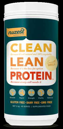 Nuzest Clean Lean Protein Vanilla 1KG Smooth Vanilla container showcasing gluten-free, dairy-free, and GMO-free features.
