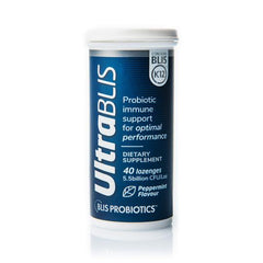 BLIS Probiotic UltraBLIS K12 Oral & Gut Probiotics pack with 40 lozenges in peppermint flavor for immune support.
