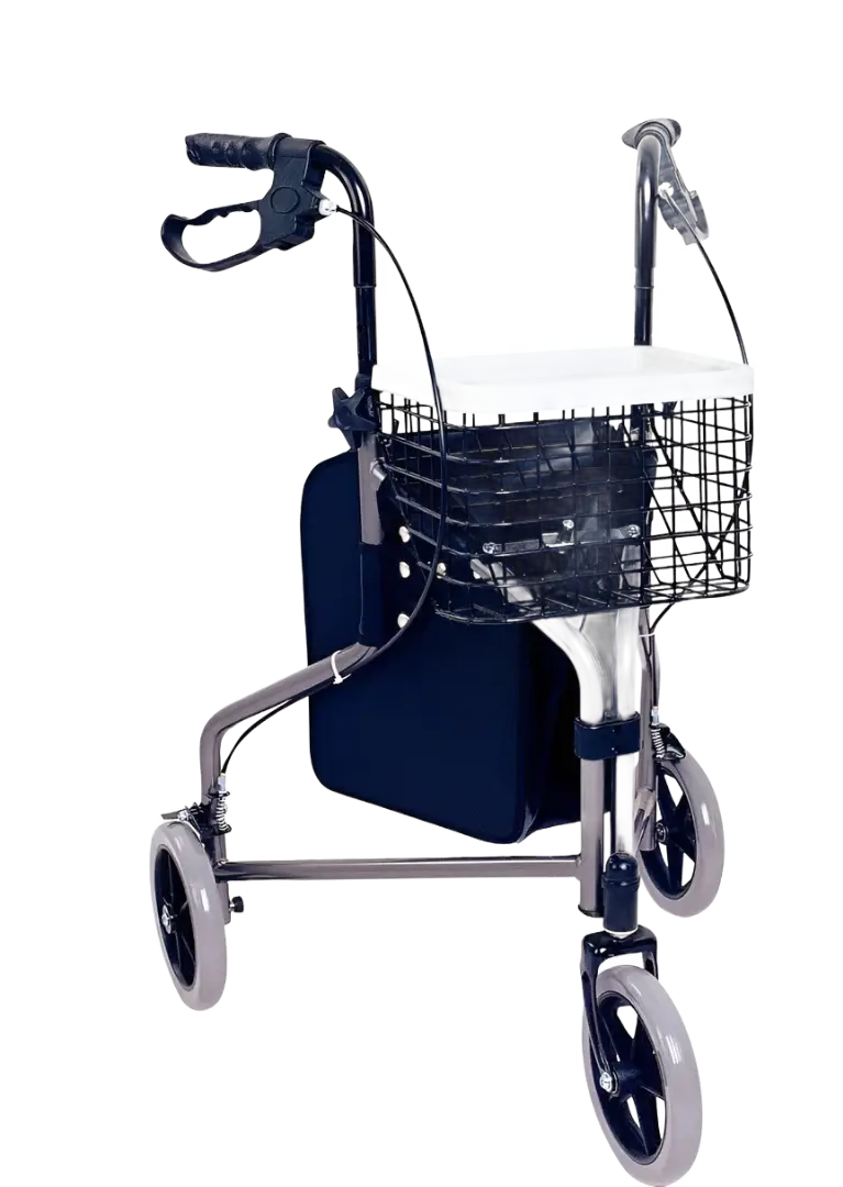 Allied Medical Tri Walker - Replacement Tray A wire basket,High strength aluminium tubing,Pull to lock squeeze hand brakes,three wheeled aluminium walker