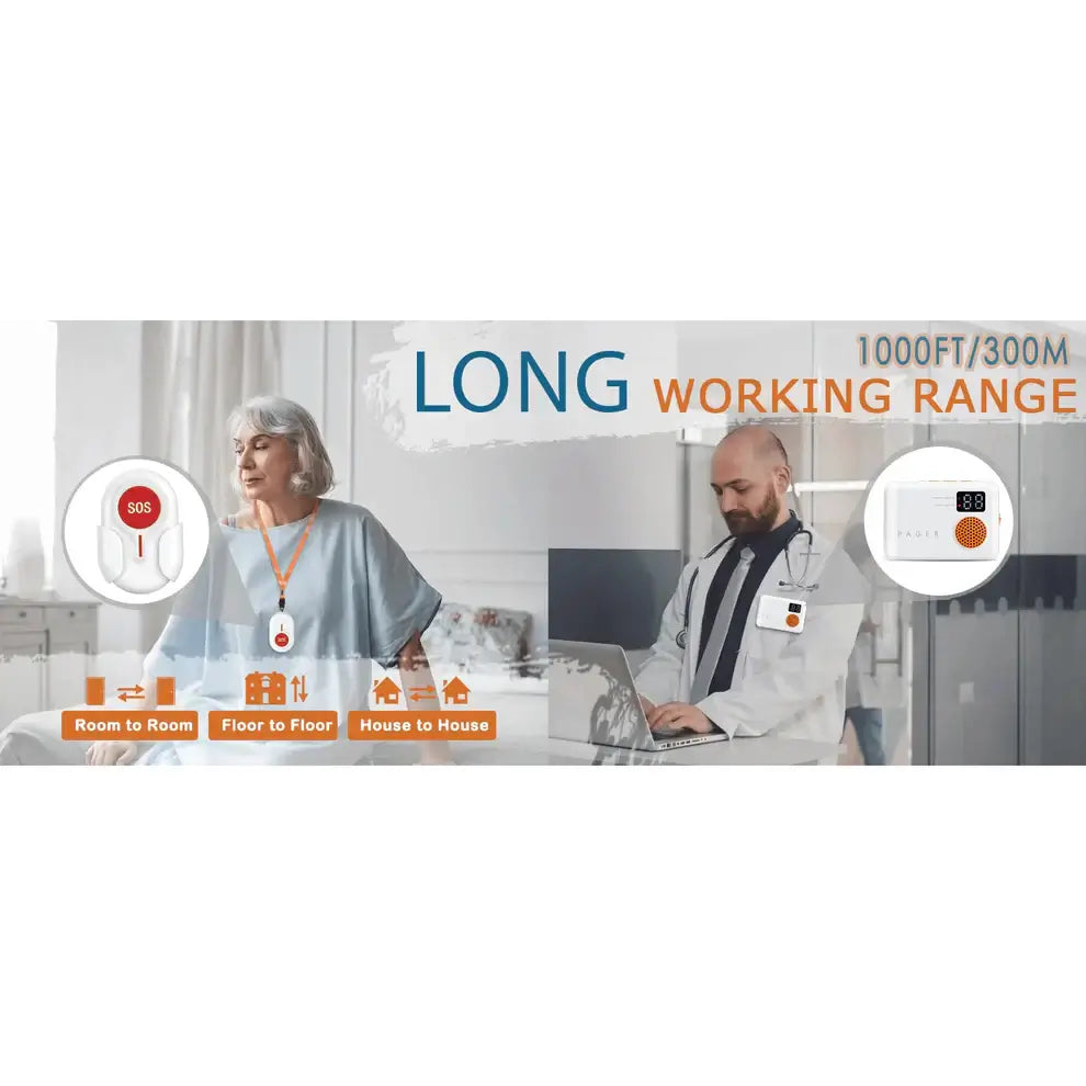 Wireless Caregiver Pager with 2 SOS Buttons (Up to 300mtrs range) 2 SOS Buttons Pager,2 SOS Buttons Pager with Alarm,Big Button Phones,Call Button Watch,Care Home Phones with Big Button,Caregiver Pager,Caregiver Pager SOS Watch,Corded Phones,Easyfone,Easy